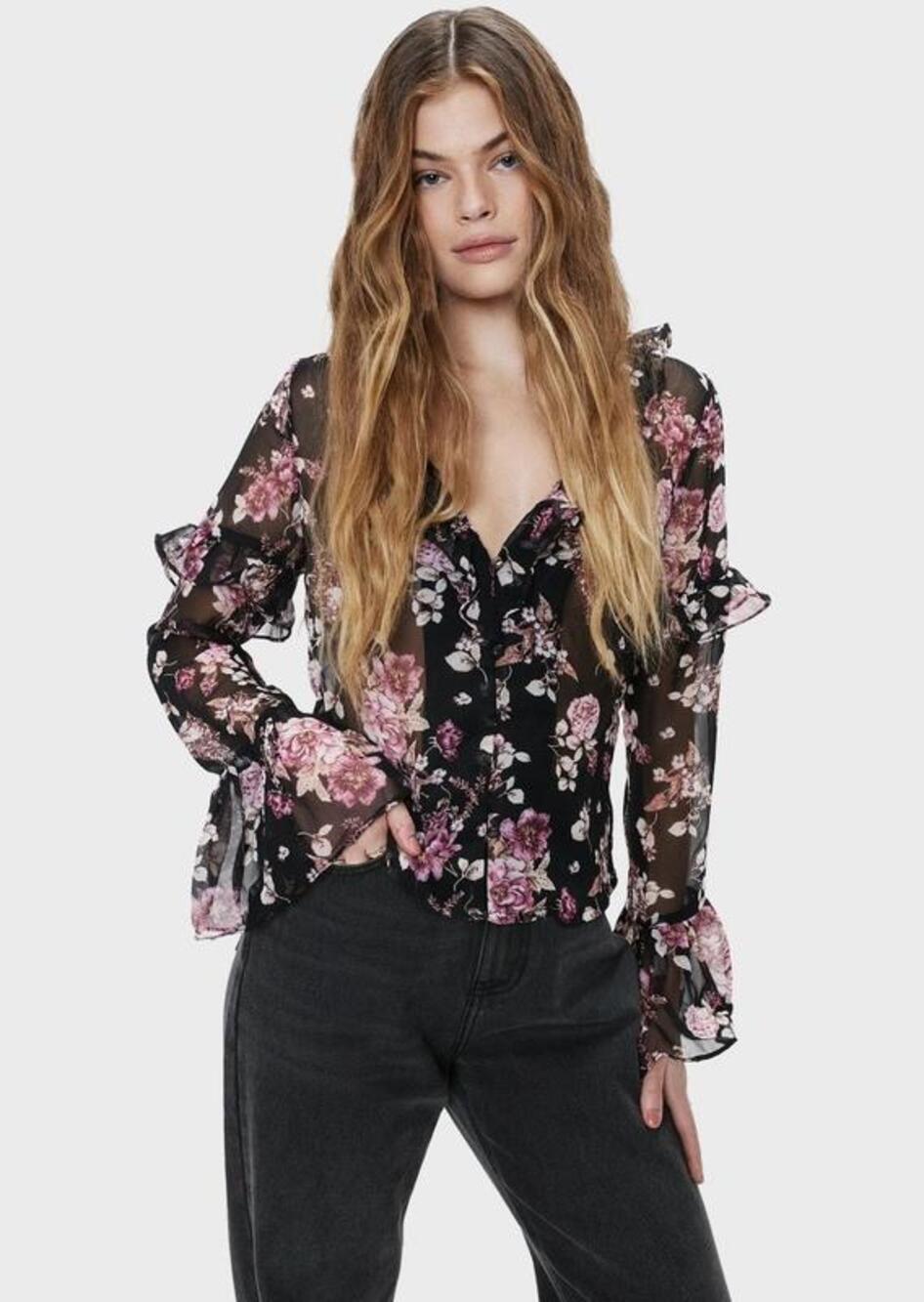 NEW Nasty Gal Black Floral Long Bell Sleeve Sheer Mesh V Neck Blouse Top Size 0 - Picture 1 of 7
